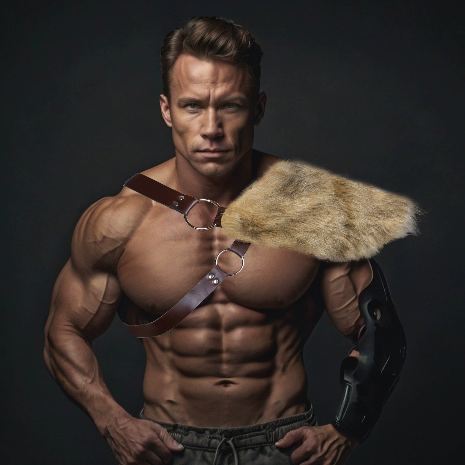 Men's decorative leather chest harness with removable faux fur shoulder pads Chichicherry