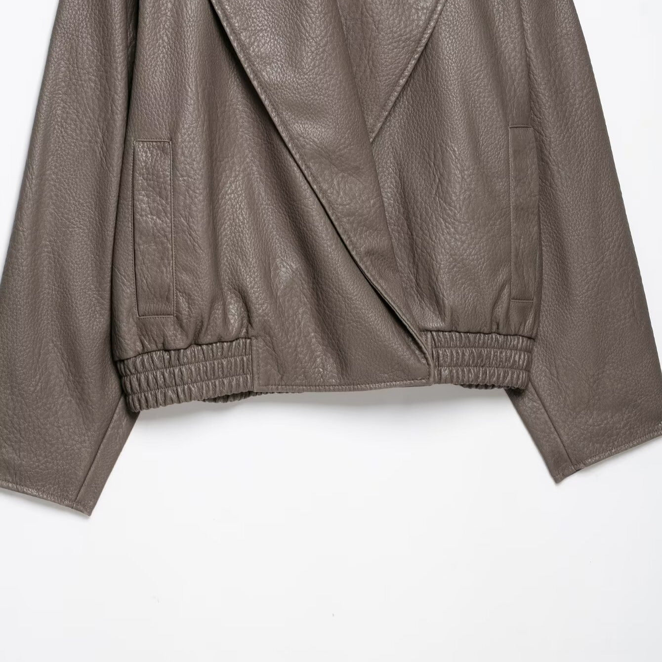 Women's Short Tailored Leather-Look Jacket with Oversized Shawl Collar and Gathered Hem Chichicherry