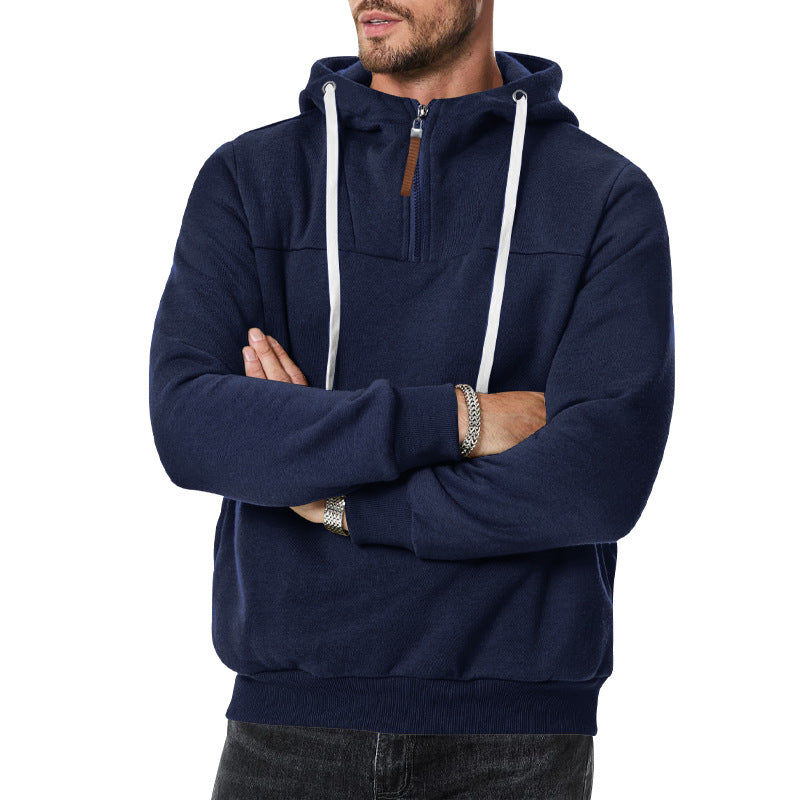 Men's Fleece Half-Zip Hoodie with Hood, Drawstring, and Elastic Cuffs Chichicherry