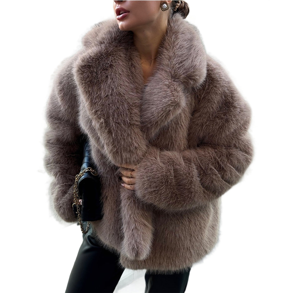 Ladies luxurious short faux fur jacket with wide shawl collar Chichicherry