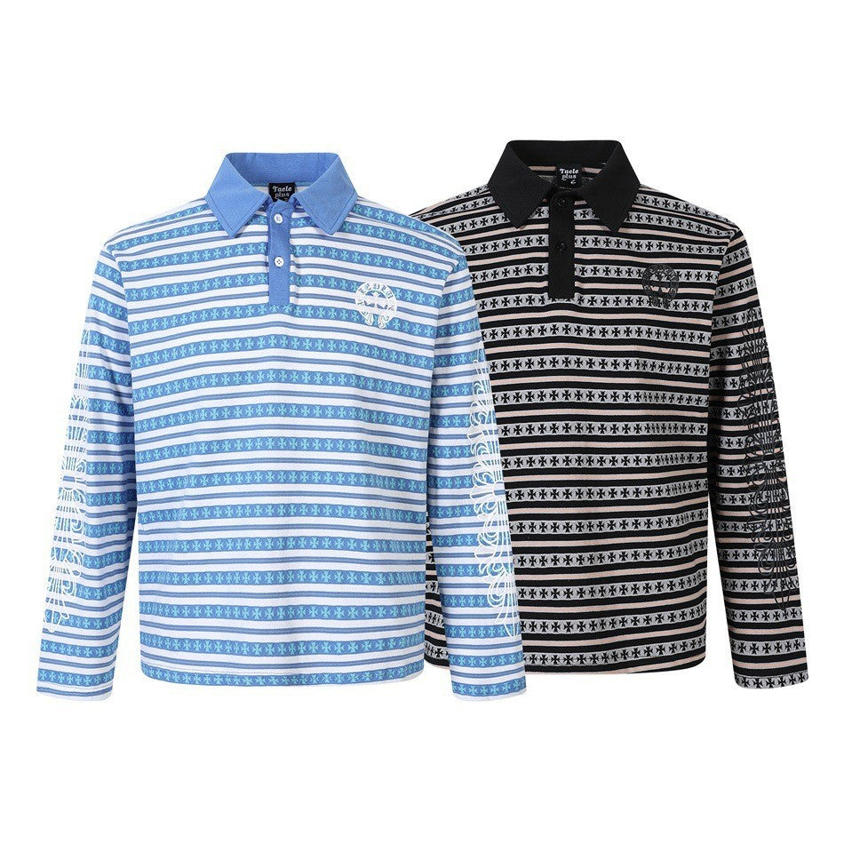Unisex Long Sleeve Polo Shirt with Jacquard Stripe Pattern, Ribbed Collar and Logo Embroidery Chichicherry