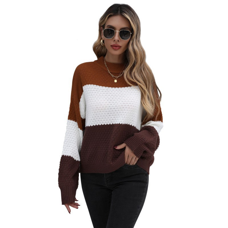 Women's color block knitted sweater with chunky texture knit and drop shoulder Chichicherry