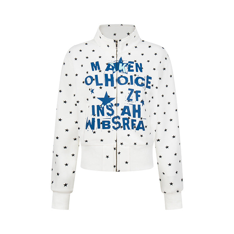Women's Short Zipper Sweat Jacket with Stand-Up Collar, Allover Star Print and Statement Front Print Chichicherry