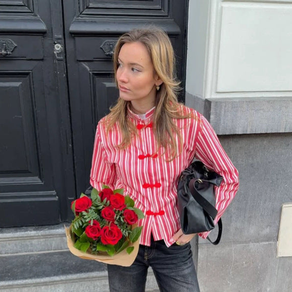 Women Striped Mandarin Collar Blouse with Decorative Knot Closures Chichicherry