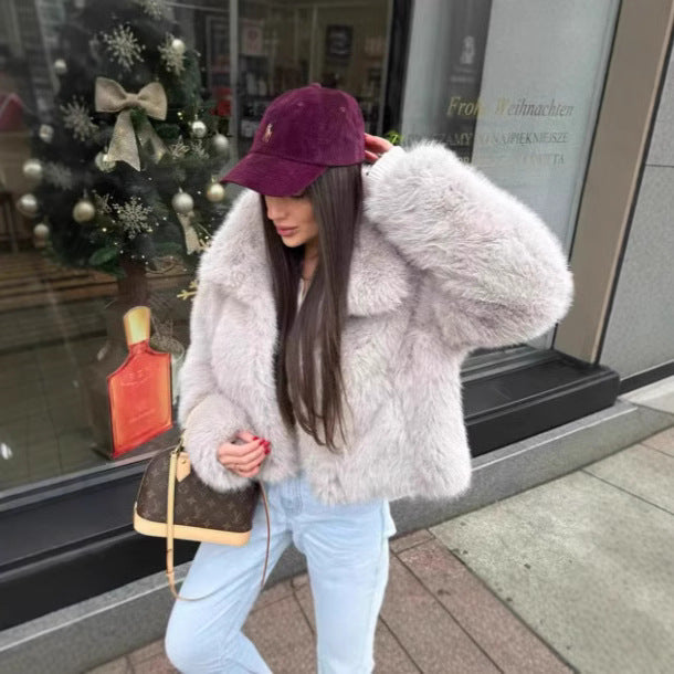Women's Short-Cut Faux Fur Blouson with Voluminous Shawl Collar and Dense Pile Chichicherry