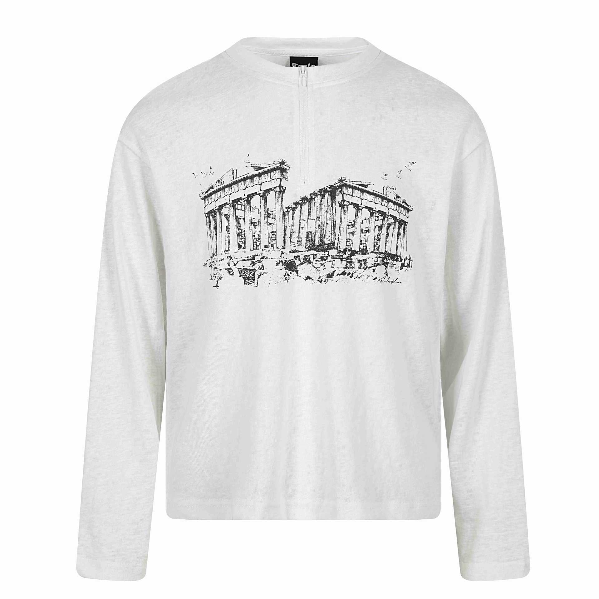 Unisex Long Sleeve Half Zip Shirt with Stand-Up Collar and Parthenon Print Chichicherry