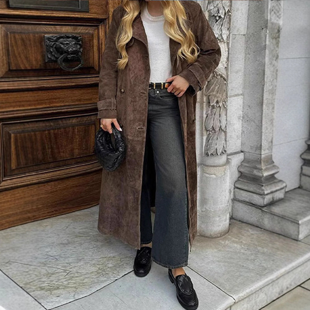 Women's Long Double-Breasted Trench Coat in Suede-Like with Waist Belt Chichicherry