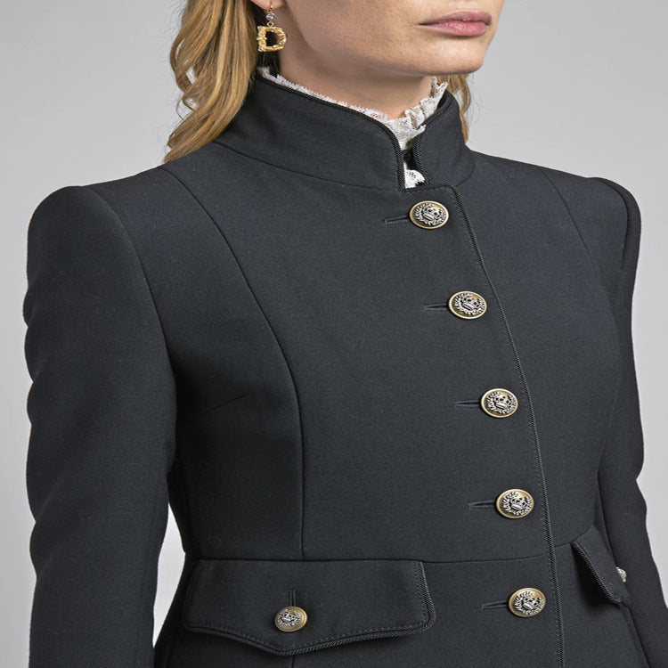 Women's Tailored Coat in Uniform Tailoring with Stand-Up Collar, Decorative Button Placket and Patch Pockets Chichicherry