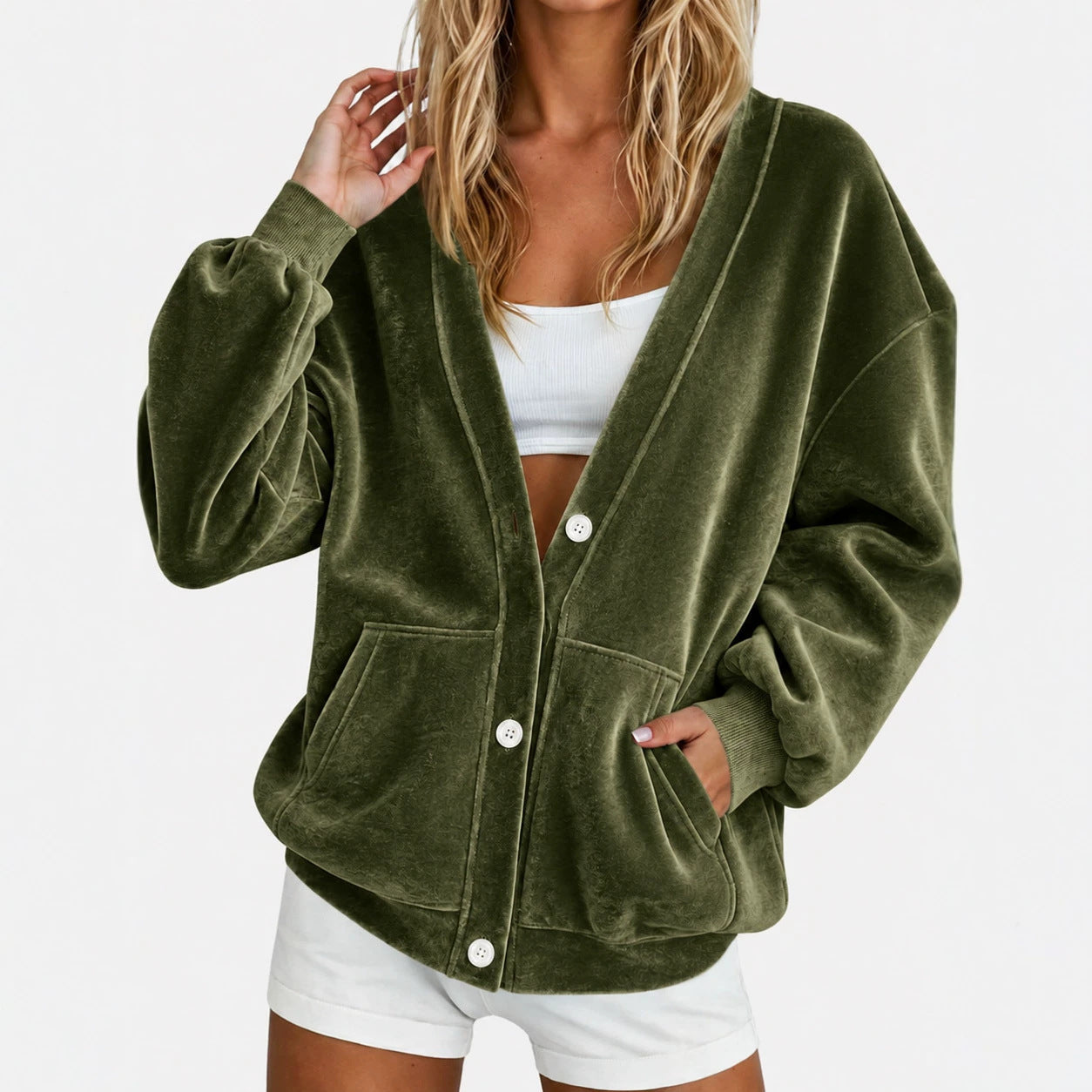 Women's Oversized Velvet Cardigan with Deep V-Shape, Balloon Sleeves, and Patch Pockets
