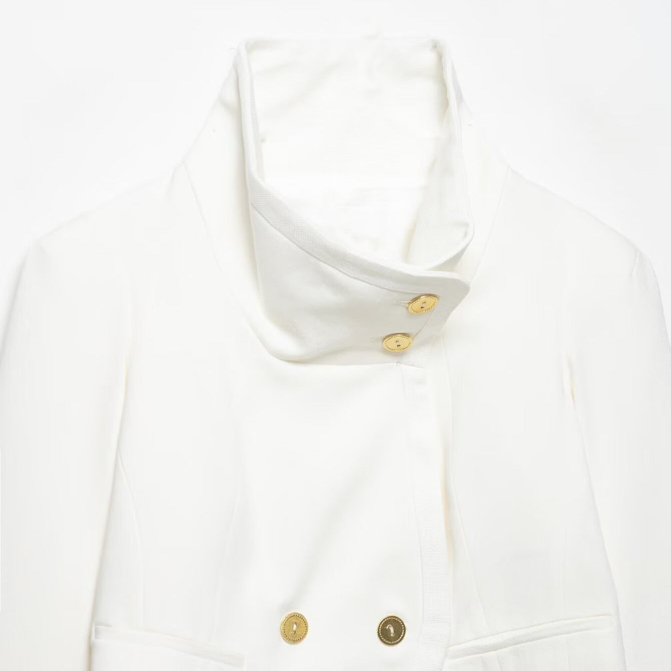 Women's Cropped Blazer with High Stand Collar, Double-Breasted Button Placket and Decorative Cuffs Chichicherry