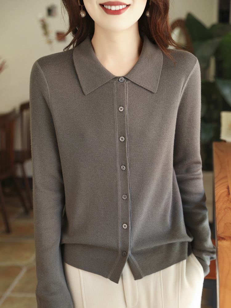 Women's Light Fine Knit Cardigan with Polo Collar and Full Button Placket Chichicherry