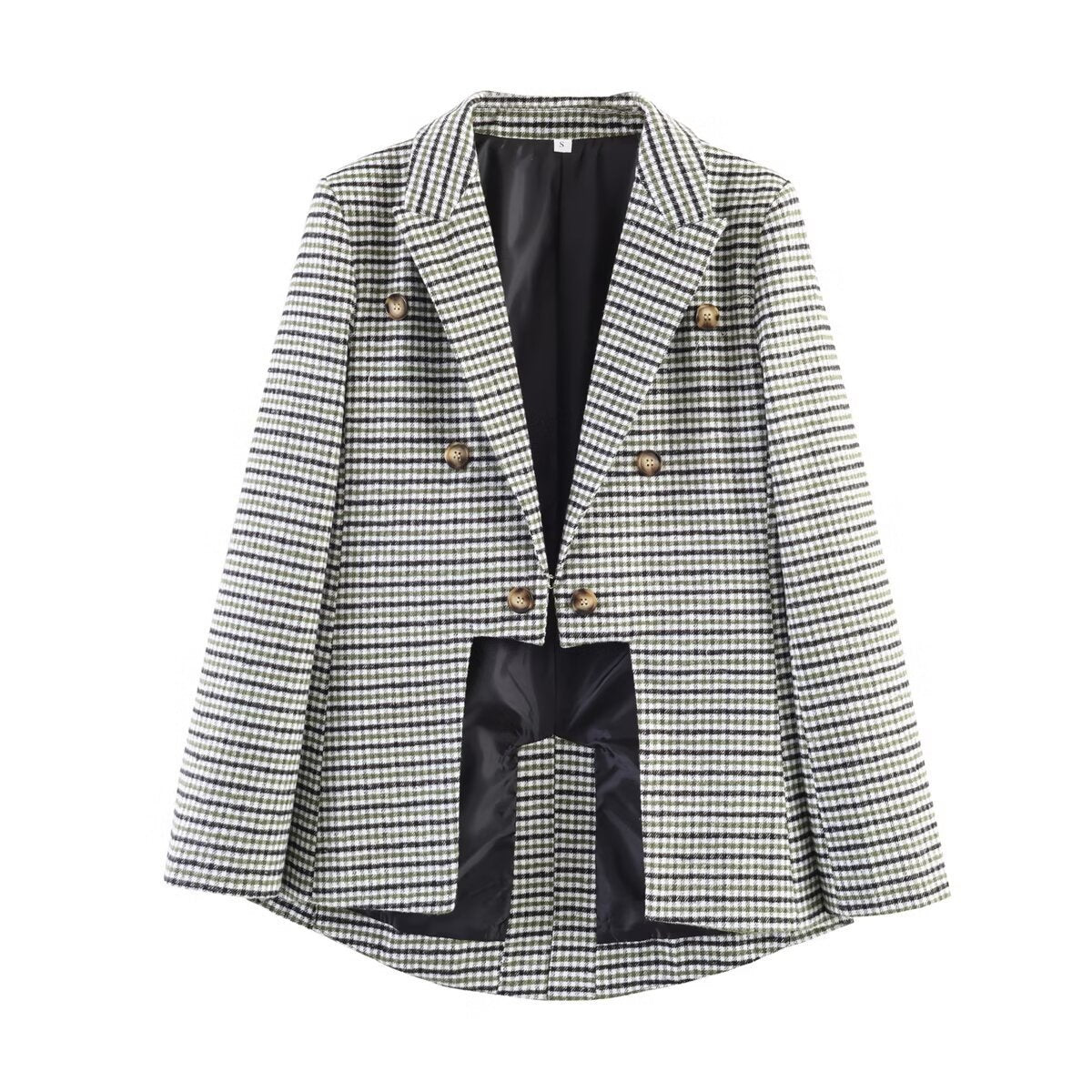 Women Double-Breasted Houndstooth Blazer with Tail Hem and Lapel Collar Chichicherry