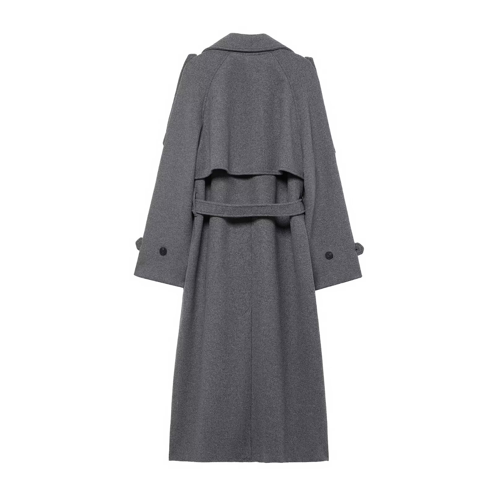 Women's long double-breasted wool coat with belted waist and shoulder flaps Chichicherry