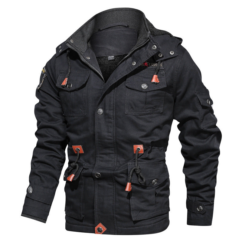 Men's canvas parka in military utility style with teddy fleece lining, drawstring waist, and multifunctional pockets Chichicherry