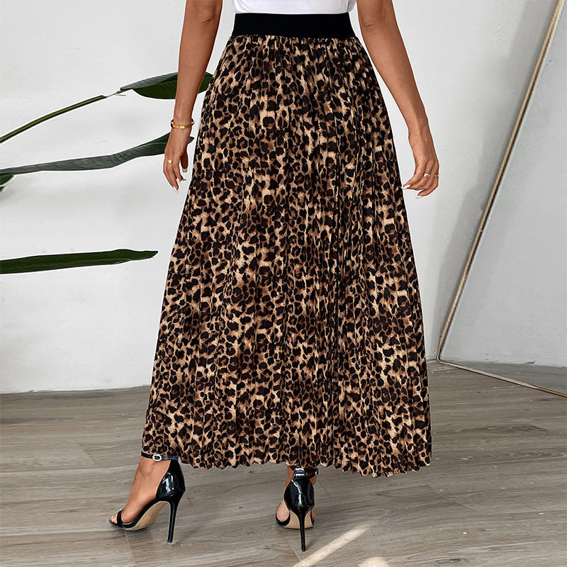 Women's Pleated Maxi Skirt with Leopard Print and Elastic Waistband Chichicherry