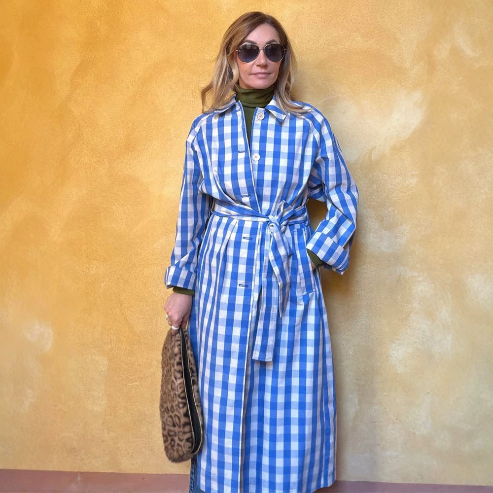 Women's long checkered coat with waist belt and shirt collar Chichicherry