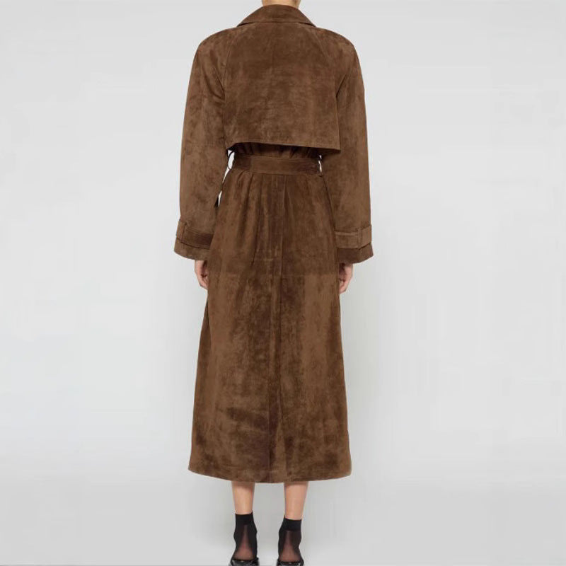 Women's Long Suede Jacket in a Minimalist Trench Look with Soft Lapels Chichicherry