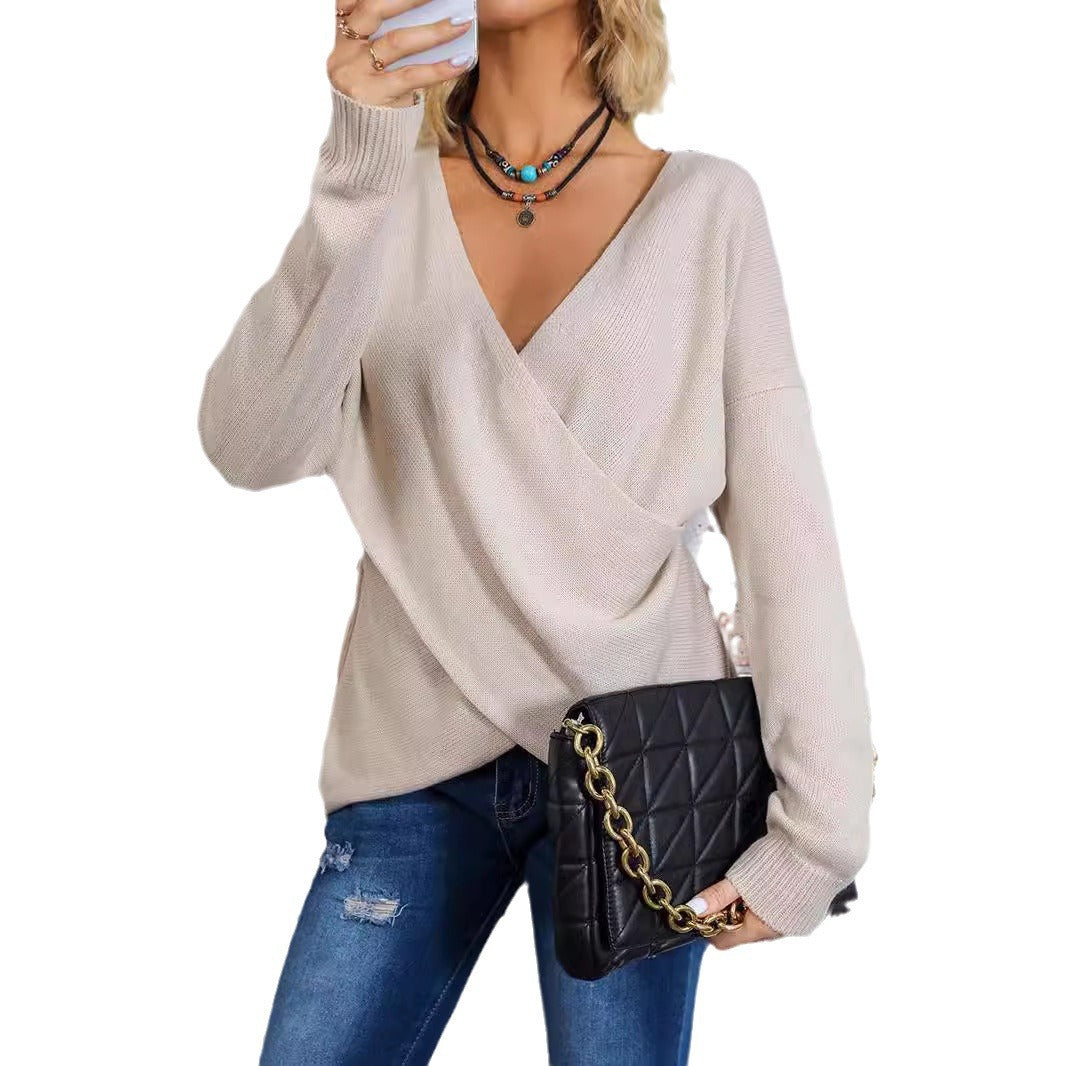 Women's Wrap Knit Sweater with Deep V-Neck and Drop Shoulders Chichicherry
