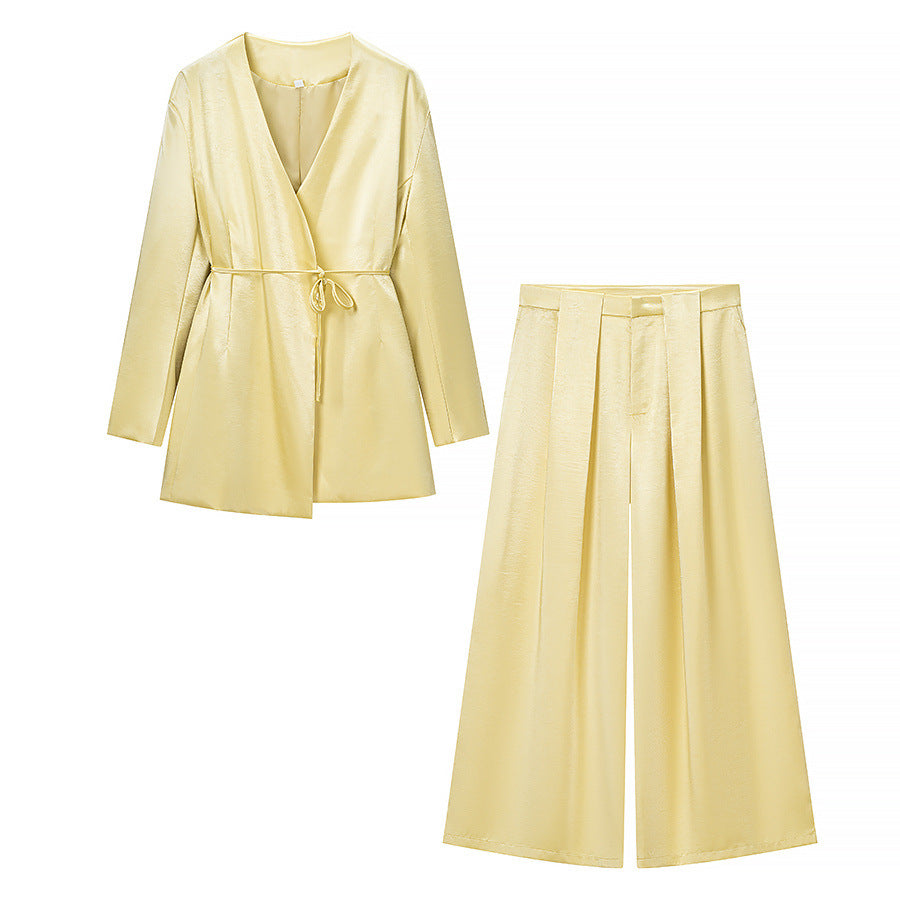 Ladies Two-Piece Satin Ensemble with Wrap Blazer and Wide Pleated Trousers Chichicherry