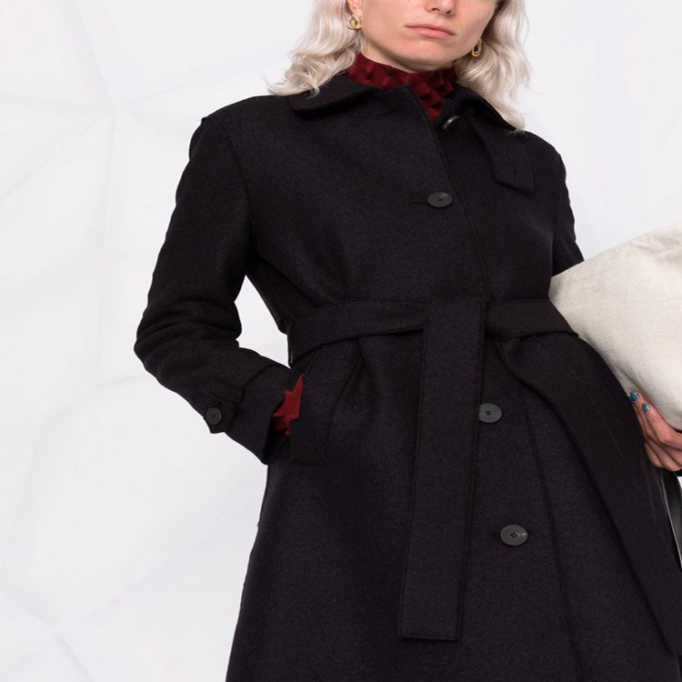 Women Tailored Wool Blend Coat with Tie Belt and A-Line Cut Chichicherry