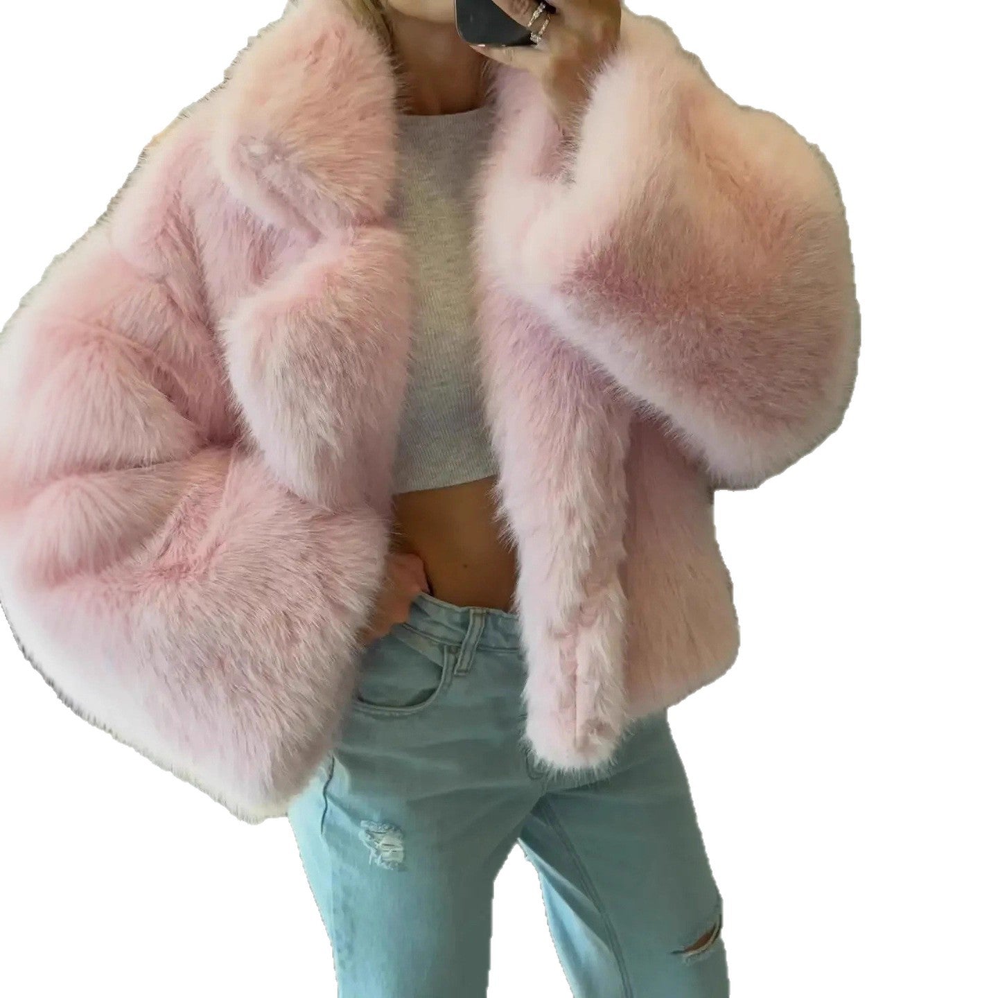 Women Cropped Faux Fur Bomber with Voluminous High Pile Chichicherry
