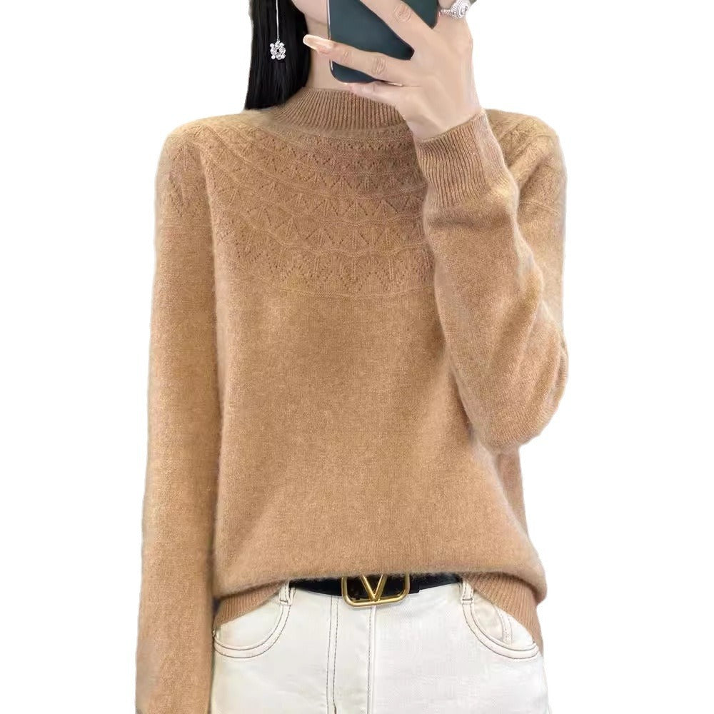 Women's Cozy Mohair-Effect Sweater with Decorative Texture at the Top and Stand-Up Collar Chichicherry