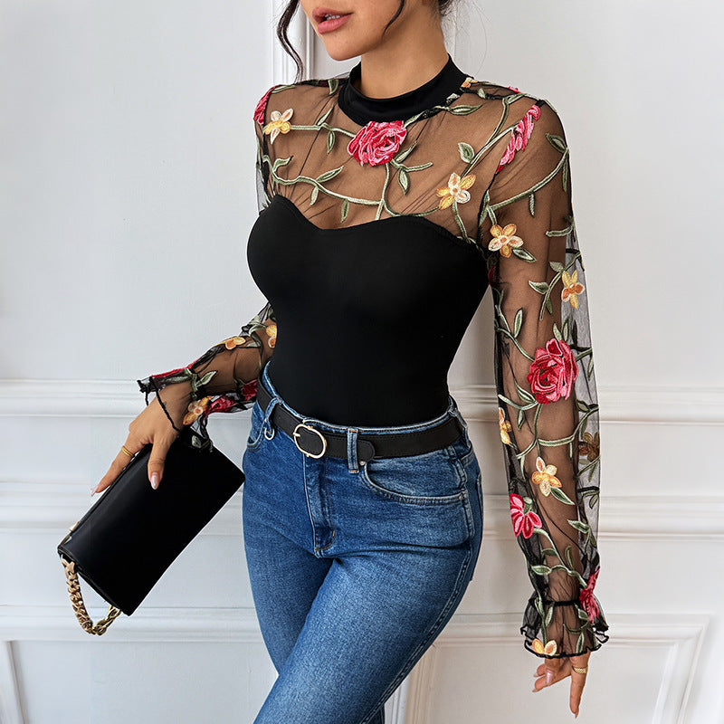 Women's Transparent Mesh Bodysuit with Floral Embroidery, Stand Collar and Bustier Look