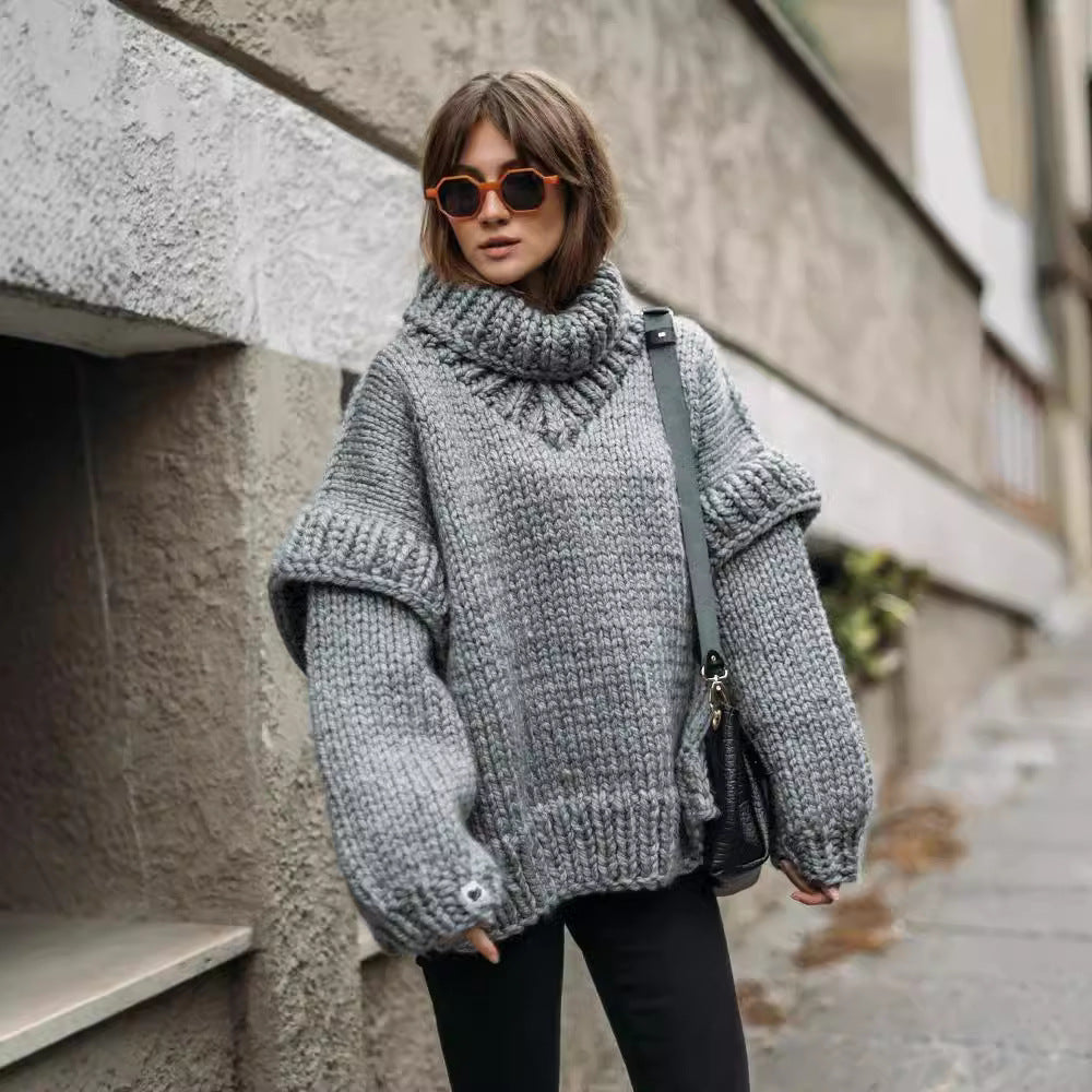 Damen Oversize Grobstrickpullover mit hohem Rollkragen Chichicherry