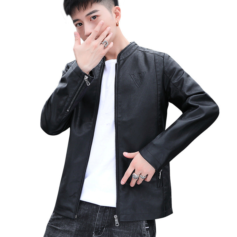 Men's slim-fit faux leather motorcycle jacket with minimalist stand-up collar and zipper detail Chichicherry