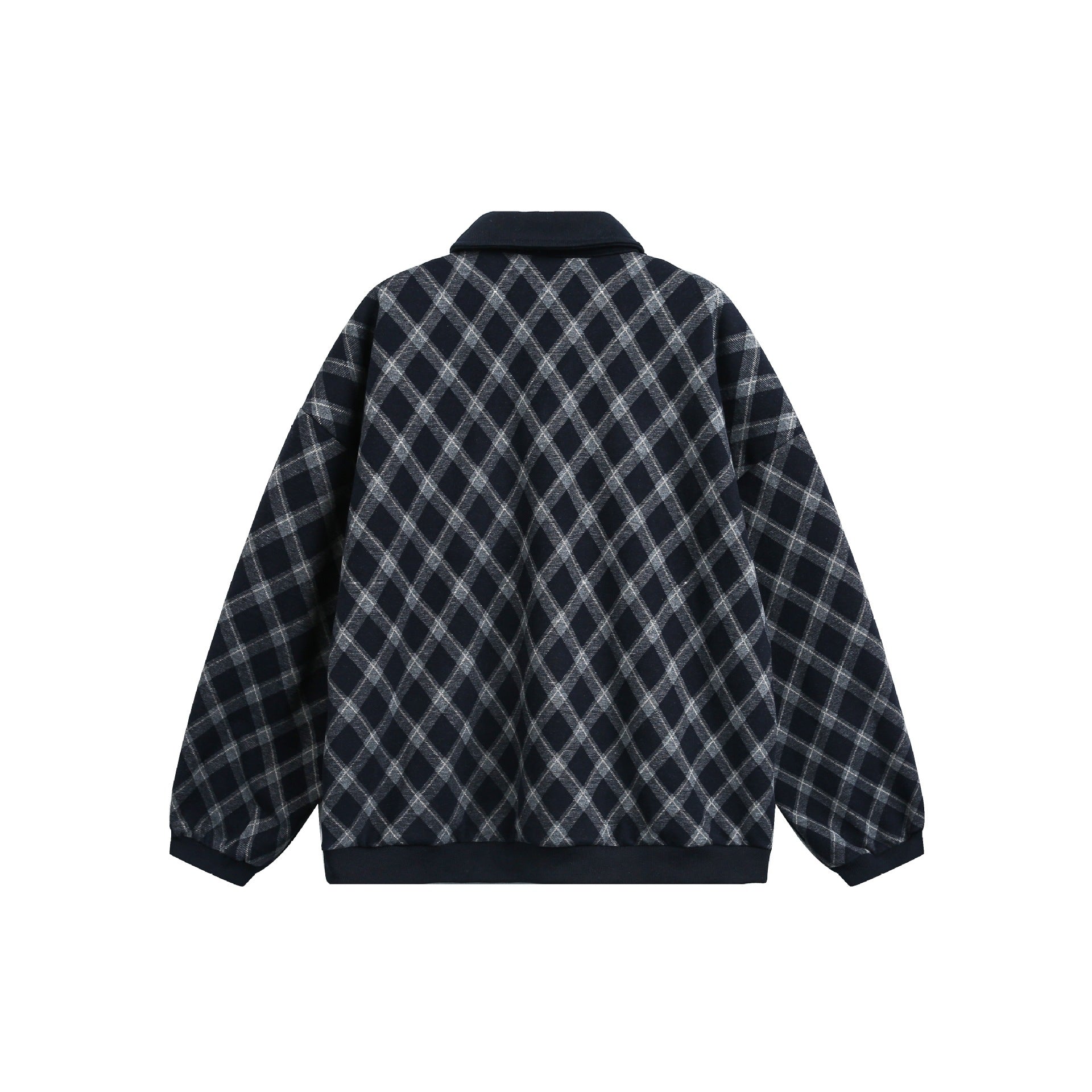 Women Checked Oversize Polo Sweater with Half Button Placket and Ribbed Cuffs Chichicherry