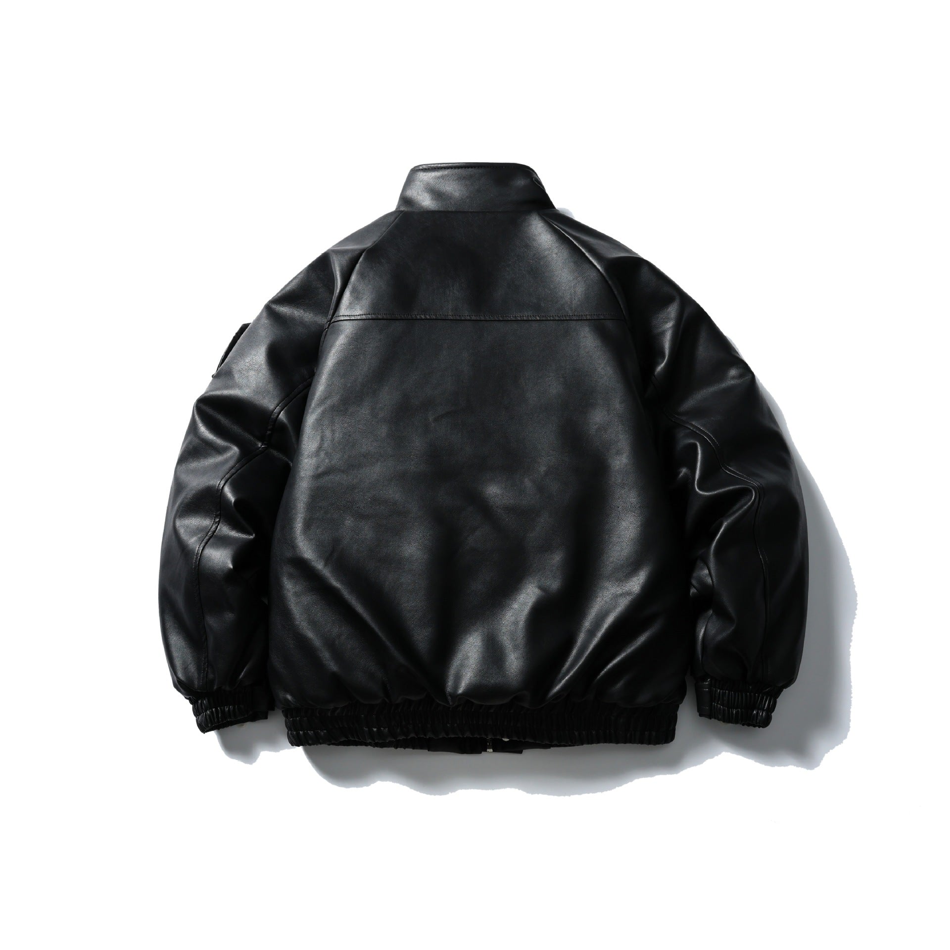 Men's Padded Faux Leather Bomber Jacket with High Stand-up Collar and Flap Pockets Chichicherry