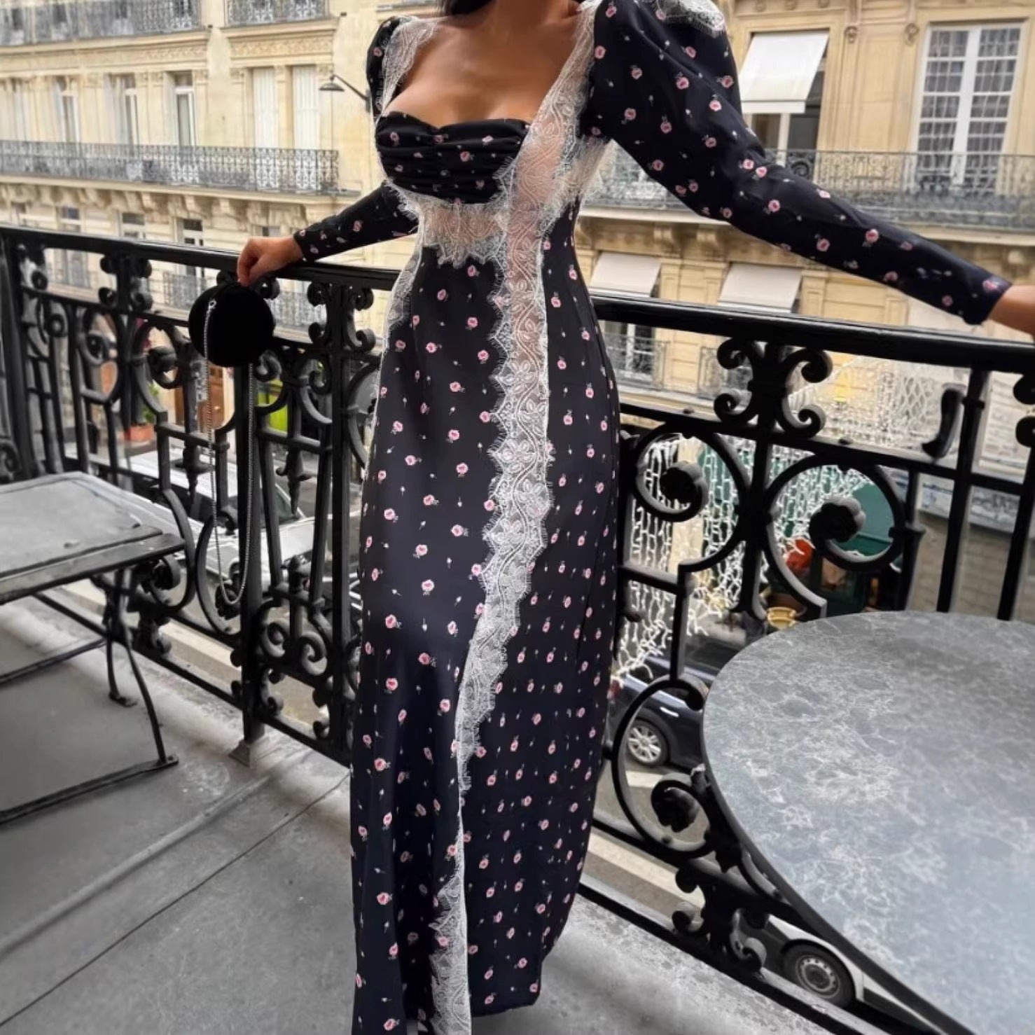 Women’s Maxi Dress with Lace Trim and Floral Allover Print Chichicherry