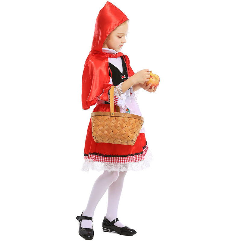 Girls Fairytale Little Red Riding Hood Costume with Cape and Embroidered Apron Chichicherry