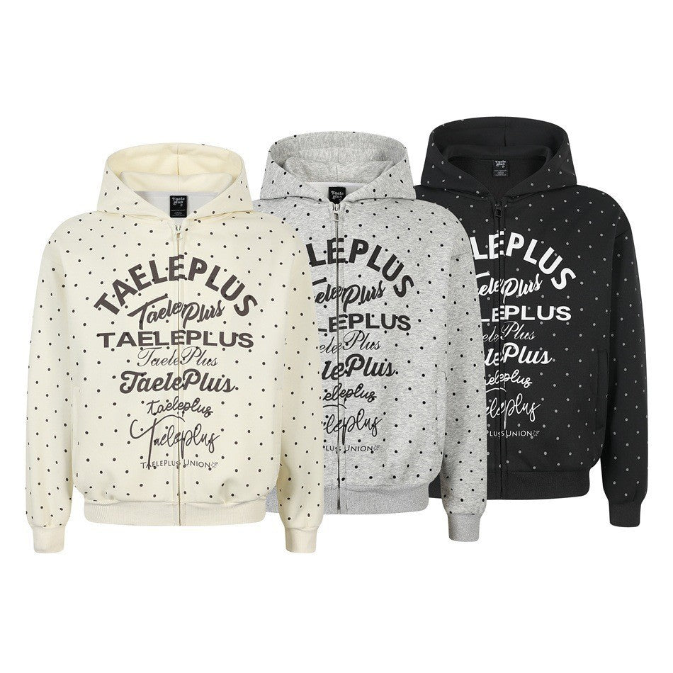 Women's Hooded Sweat Jacket with Full Zip, All-over Polka Dot Pattern and Multiple Logo Designs Chichicherry
