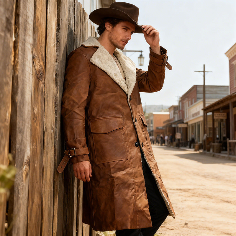 Men's Long Vintage Faux Leather Coat with Teddy Lining and Adjustable Buckle Cuffs Chichicherry