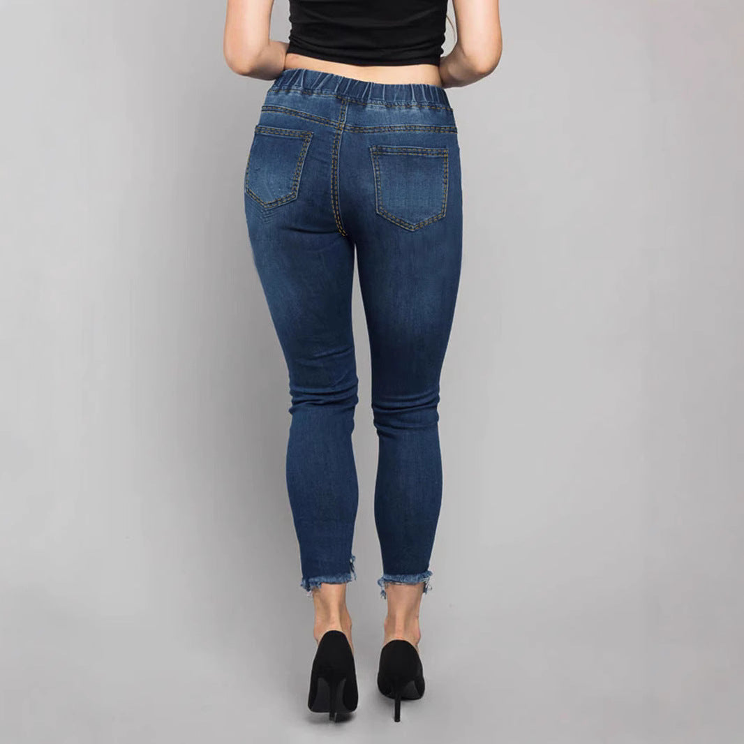 Women High-Waisted Destroyed Jogger Jeans with Elastic Drawstring Waistband and Cropped Frayed Hem Chichicherry
