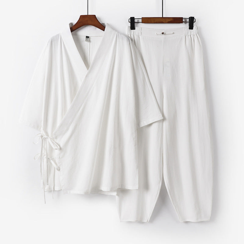 Unisex Lightweight Wrap Lounge Set in Kimono Style with Side Ties and Elastic Tapered Pants Chichicherry