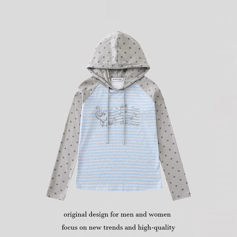 Women's hooded long sleeve shirt in raglan style with star sleeves and note print Chichicherry