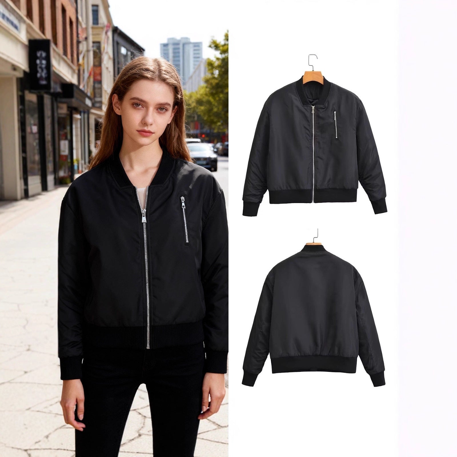 Women short cut nylon bomber jacket with shiny surface, padded lining and metal zipper Chichicherry