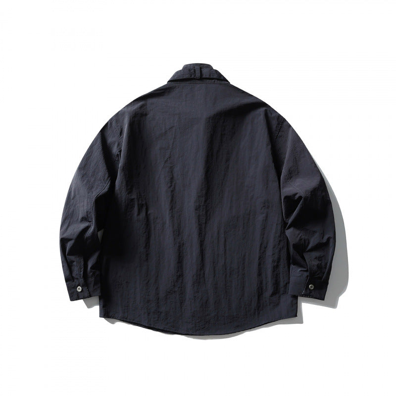 Unisex Wide Crinkle Shirt with High Standing Collar and Concealed Button Placket Chichicherry