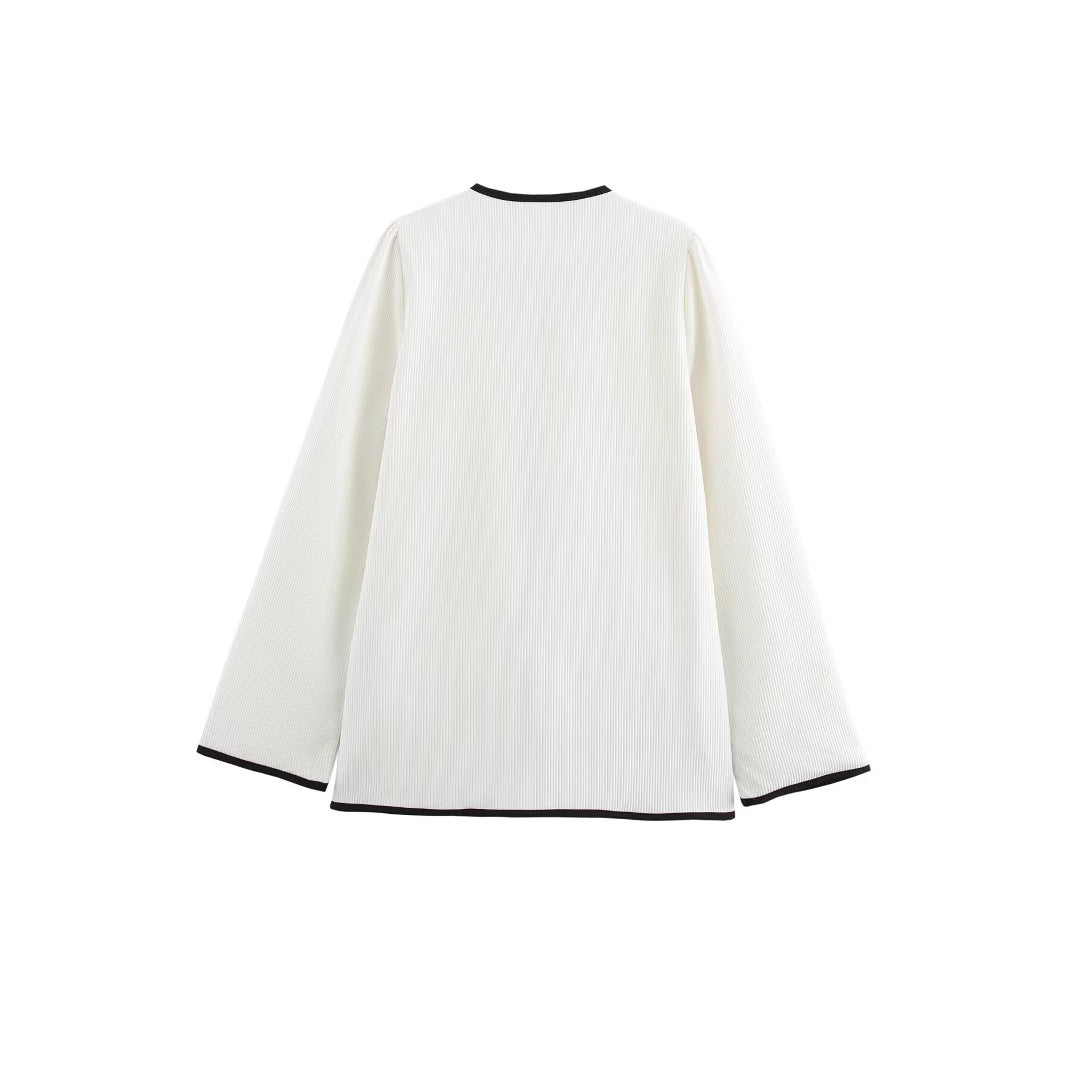 Women's Elegant Short Jacket without Collar with Contrast Piping, Ties and Patch Pockets Chichicherry