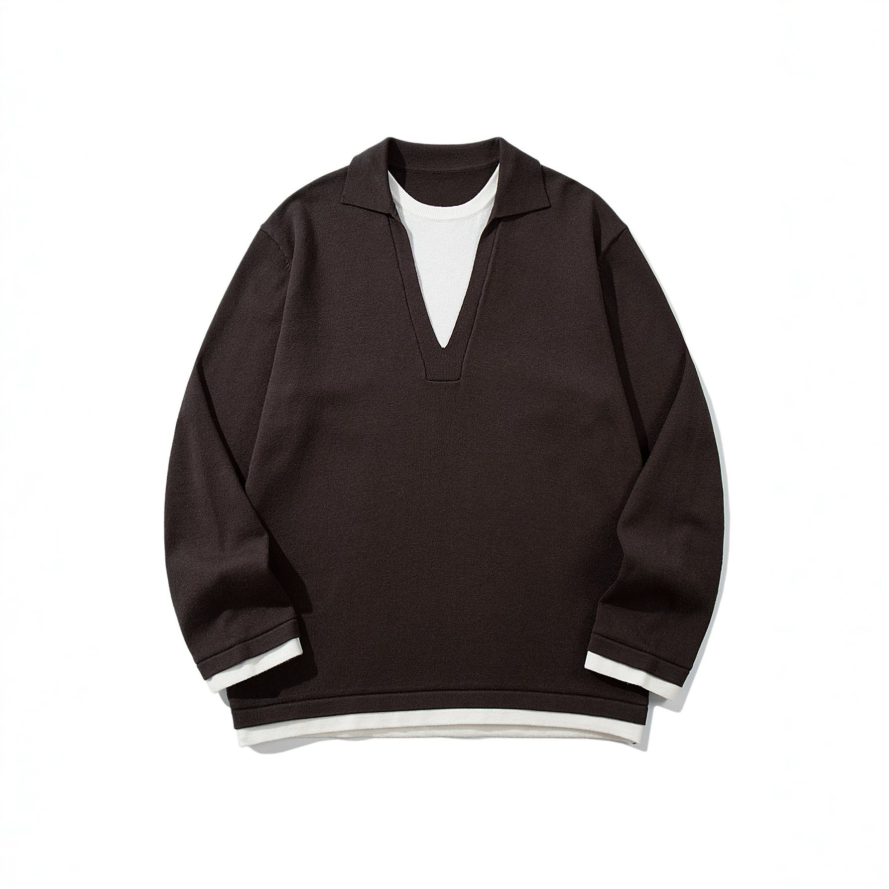 Unisex Casual Oversized Knit Sweater with Deep V Insert and Shirt Layer Look Chichicherry
