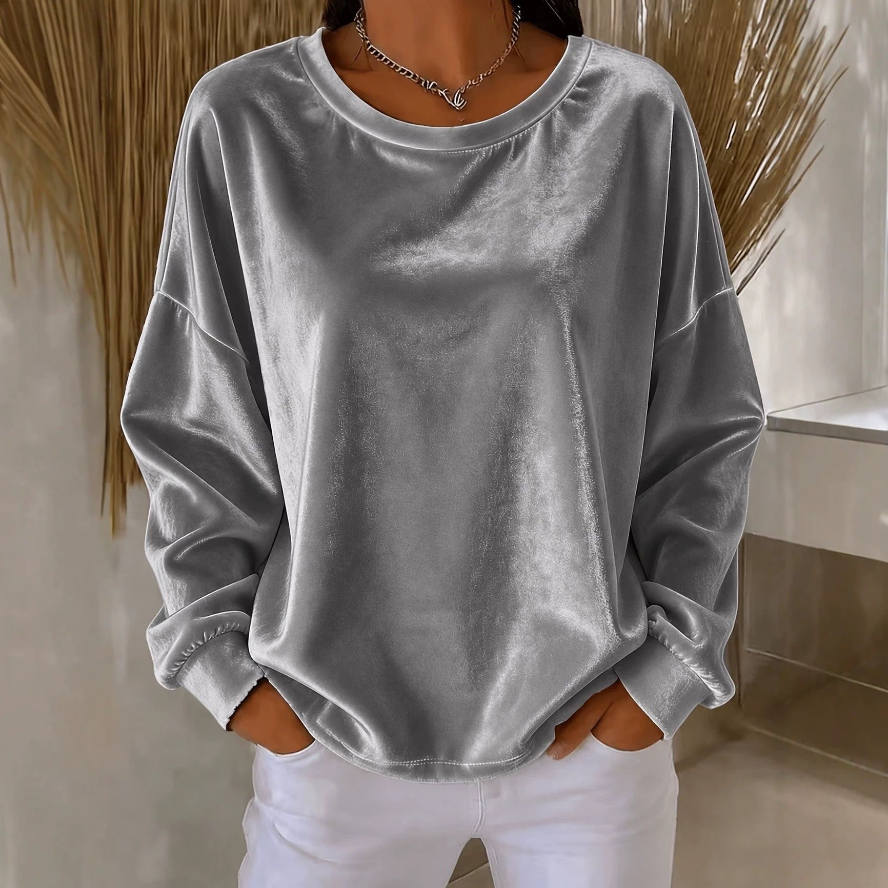 Women's Oversized Velvet Sweatshirt with Crew Neck, Dropped Shoulder and Elastic Cuffs