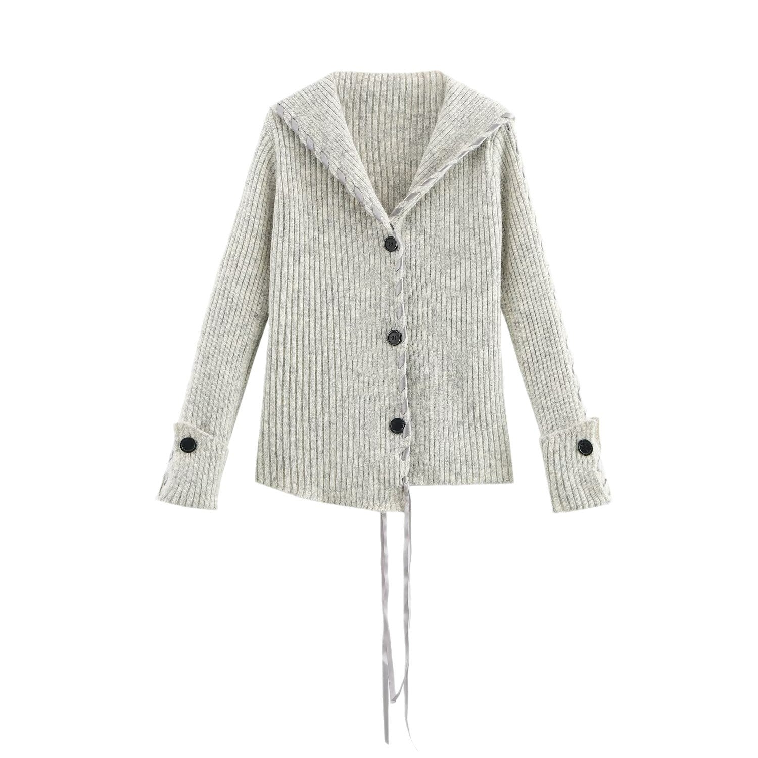 Women Ribbed Cardigan with Sailor Collar, Decorative Ribbon Lacing and Button Placket Chichicherry