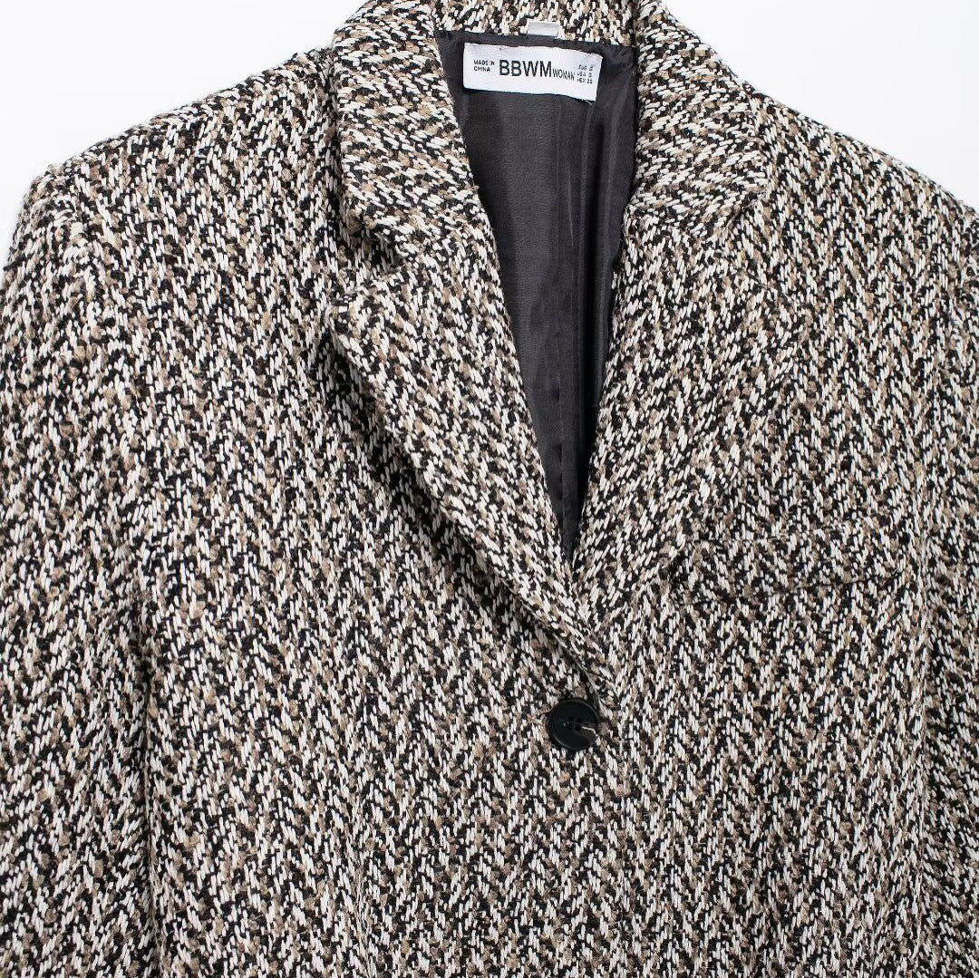 Women's Midi Length Boucle Tweed Blazer Jacket with Faux Leather Belt Chichicherry