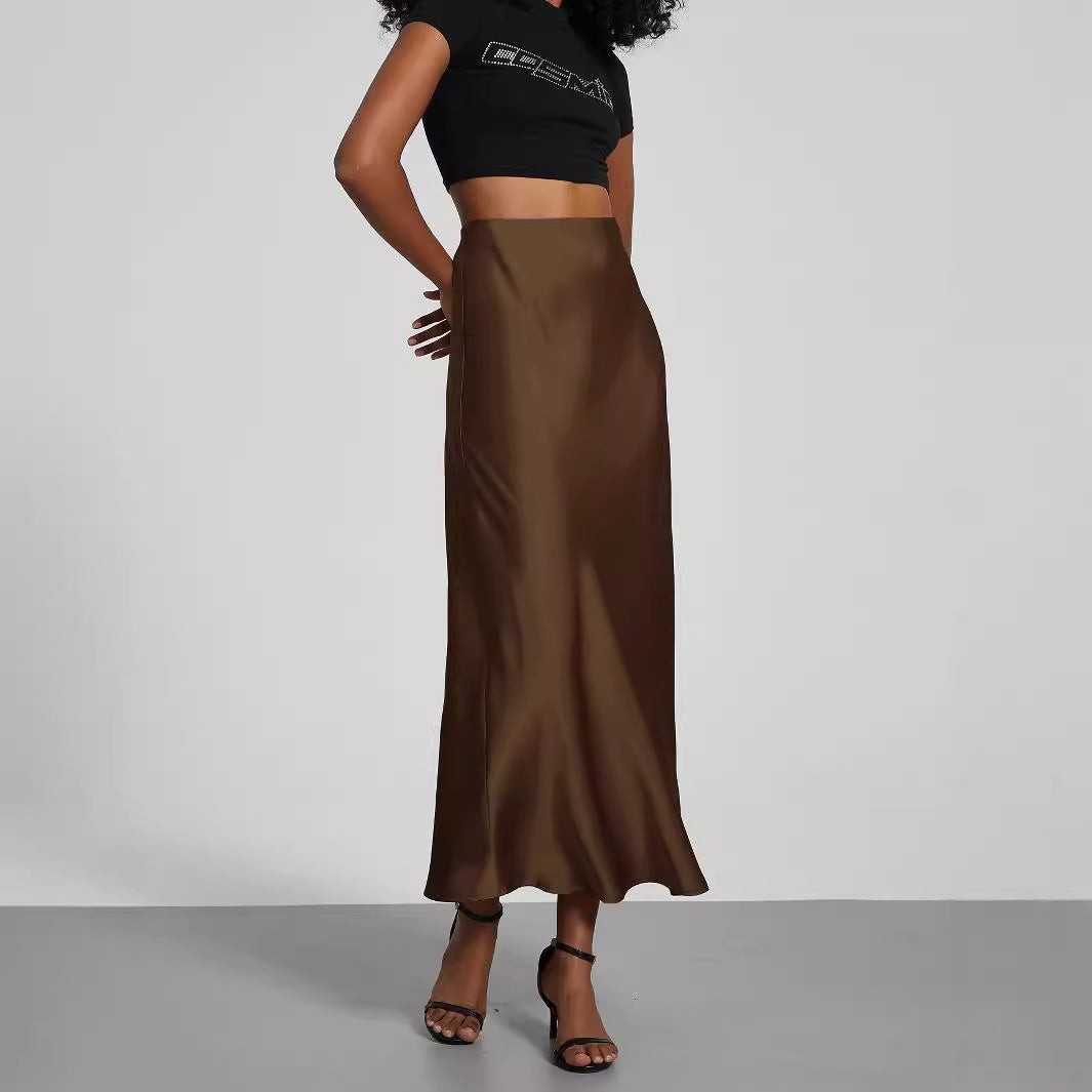 Ladies Satin Midi Skirt with High Waist and Asymmetrical Cut Chichicherry