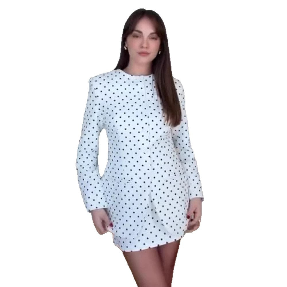 Women's Oversize Polka Dot Blazer with Sculptural Shoulder and Round Neckline Chichicherry