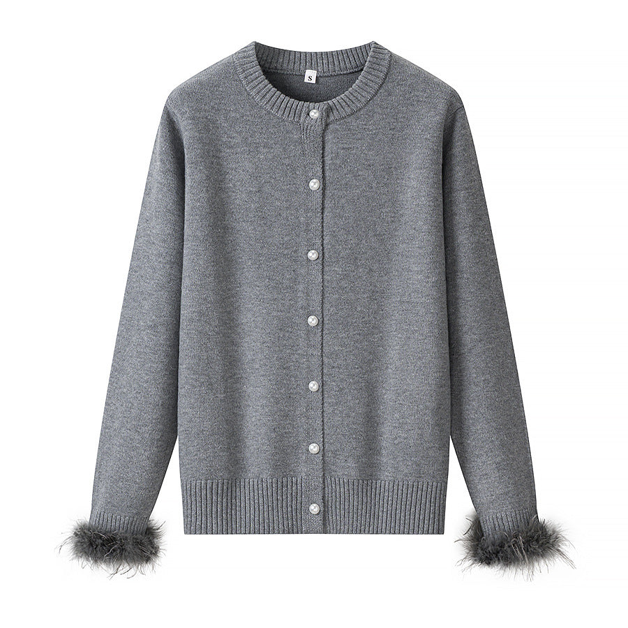 Women's Pearl Button Cardigan with Faux Feather Cuffs Chichicherry
