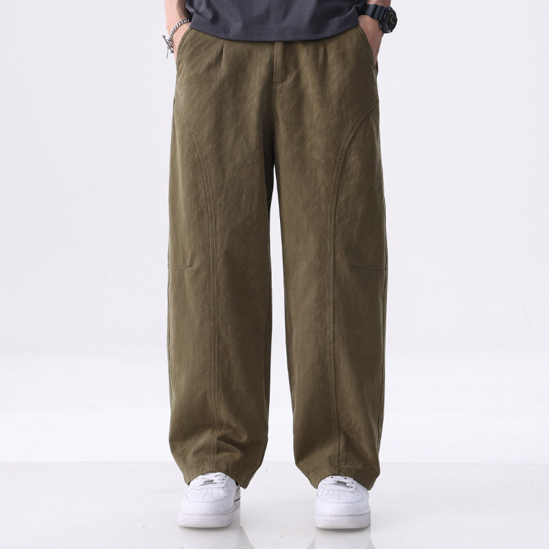 Men's Loose-Fitting Utility Pants with Wide Legs, Distinctive Decorative Stitching, and Elastic Waistband Chichicherry