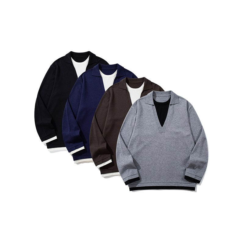 Unisex Casual Oversized Knit Sweater with Deep V Insert and Shirt Layer Look Chichicherry